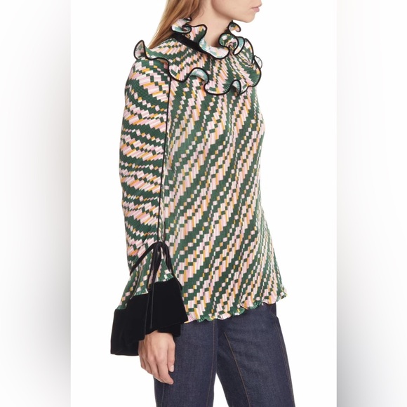 NWT Tory Burch Convertible Pleated Ruffle Blouse In Mesa Geo - Picture 4 of 8